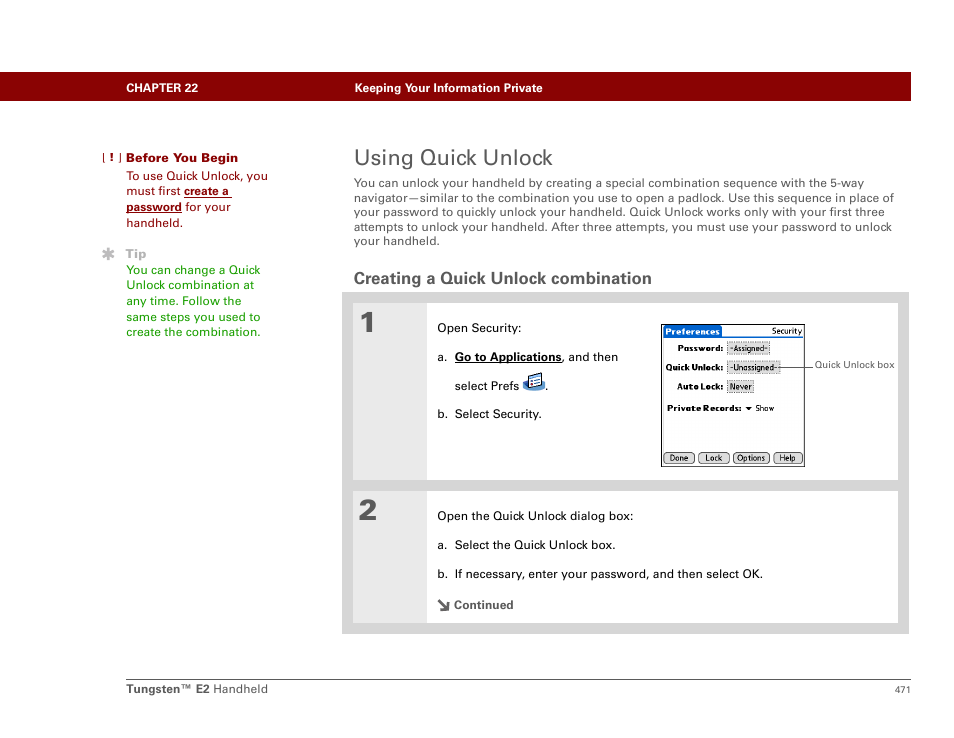 Using quick unlock, Creating a quick unlock combination | Palm E2 User Manual | Page 492 / 653