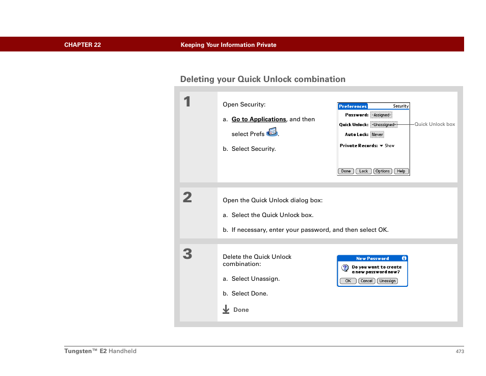 Deleting your quick unlock combination | Palm E2 User Manual | Page 494 / 653