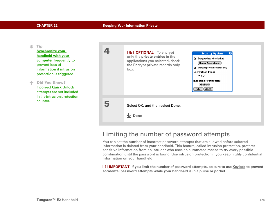 Limiting the number of password attempts | Palm E2 User Manual | Page 497 / 653
