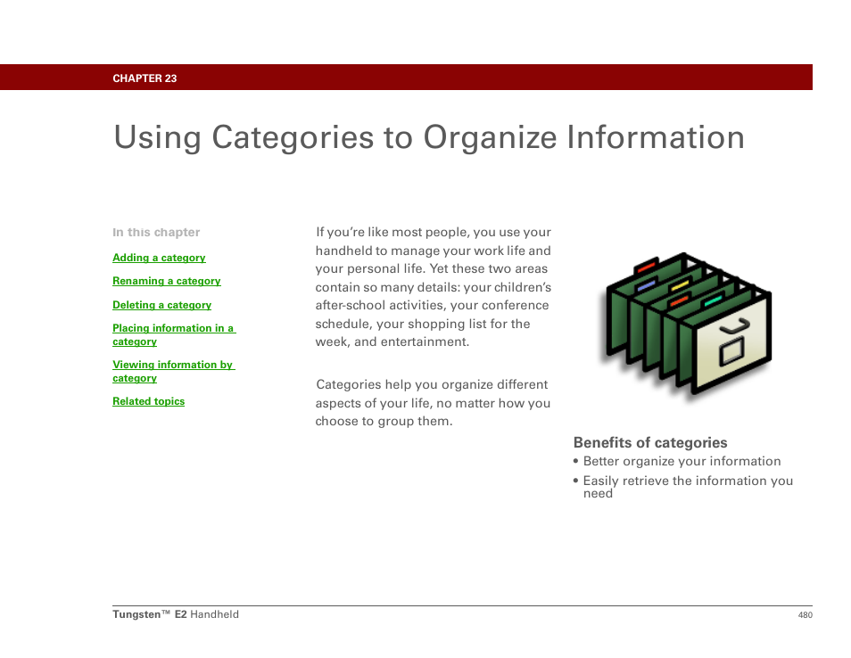 Using categories to organize information, Categories, Organize your tasks | Category to | Palm E2 User Manual | Page 501 / 653