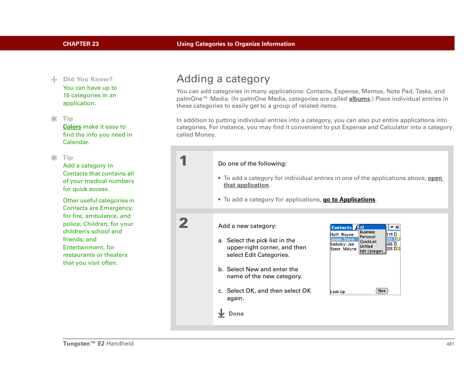 Adding a category | Palm E2 User Manual | Page 502 / 653