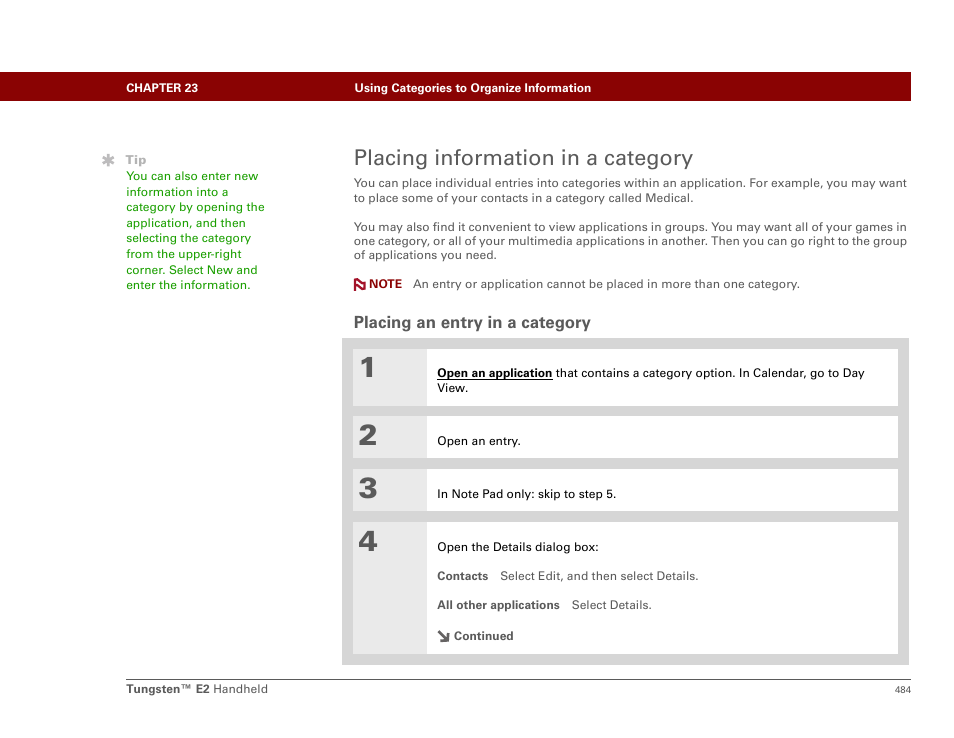 Placing information in a category, Placing an entry in a category | Palm E2 User Manual | Page 505 / 653