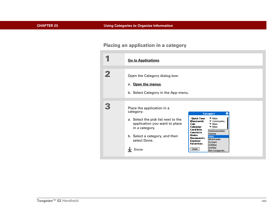 Placing an application in a category | Palm E2 User Manual | Page 507 / 653