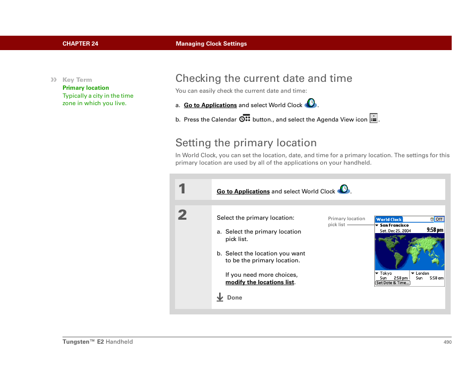 Checking the current date and time, Setting the primary location | Palm E2 User Manual | Page 511 / 653