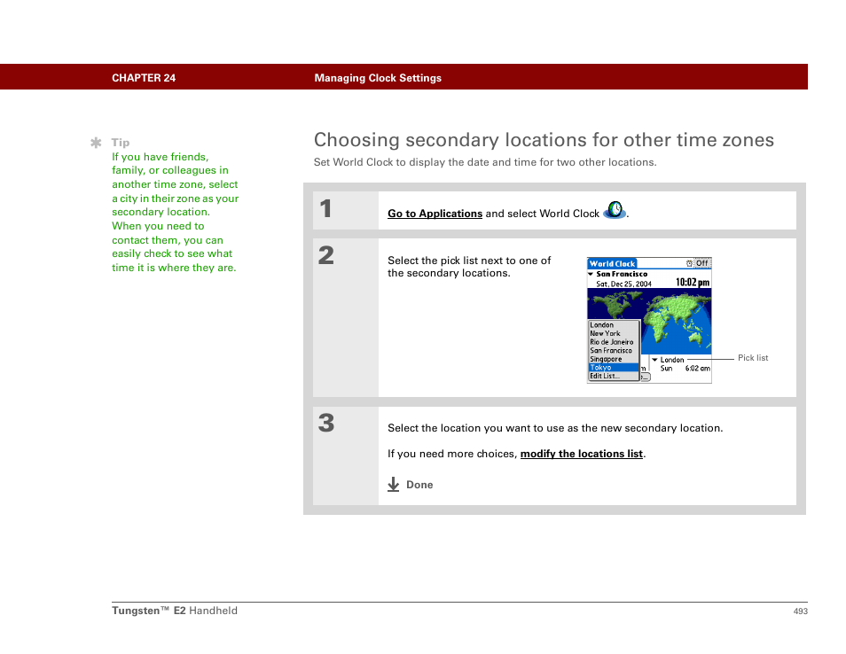 Choosing secondary locations for other time zones | Palm E2 User Manual | Page 514 / 653