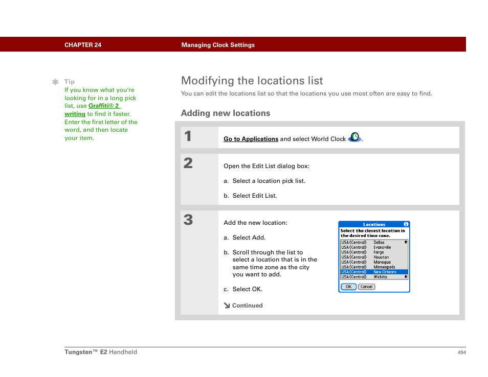 Modifying the locations list, Adding new locations | Palm E2 User Manual | Page 515 / 653