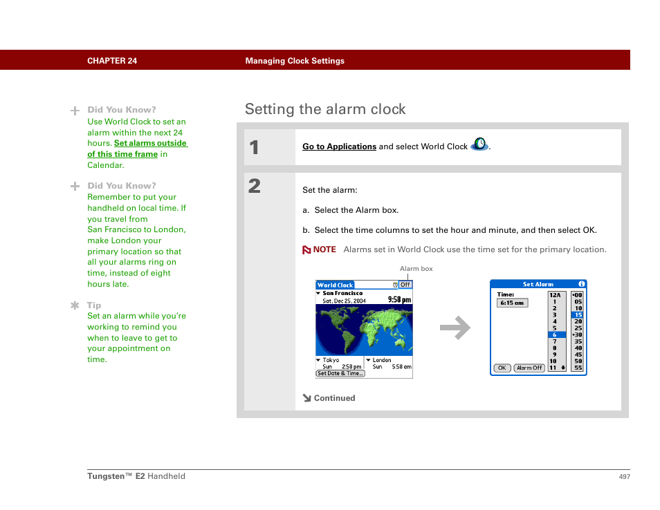 Setting the alarm clock | Palm E2 User Manual | Page 518 / 653