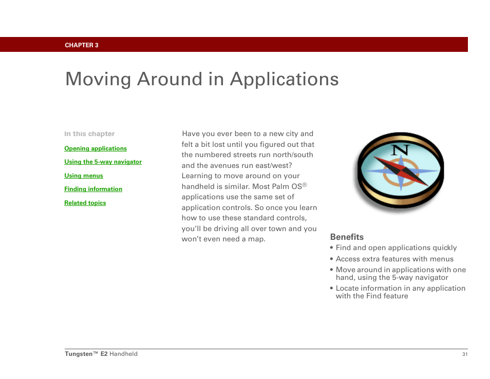 Moving around in applications, Chapter 3: moving around in applications, Moving around | Palm E2 User Manual | Page 52 / 653
