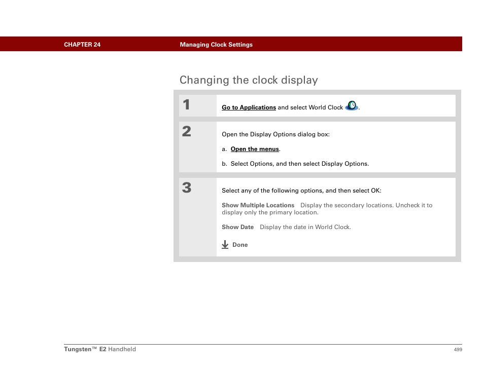 Changing the clock display | Palm E2 User Manual | Page 520 / 653