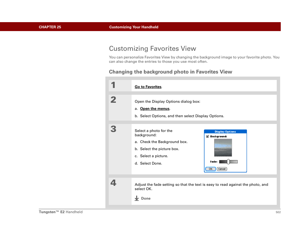 Customizing favorites view, Changing the background photo in favorites view, Your handheld; select | Photos as the background | Palm E2 User Manual | Page 523 / 653