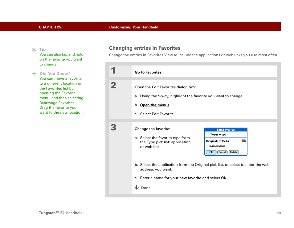 Changing entries in favorites | Palm E2 User Manual | Page 524 / 653