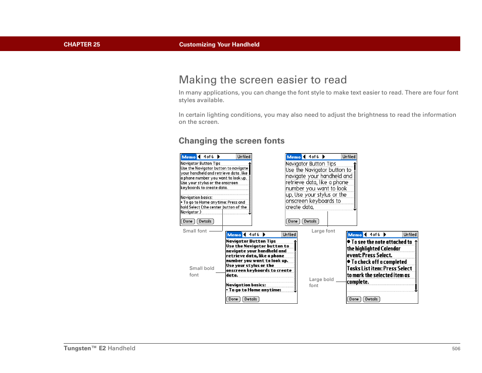 Making the screen easier to read, Changing the screen fonts | Palm E2 User Manual | Page 527 / 653