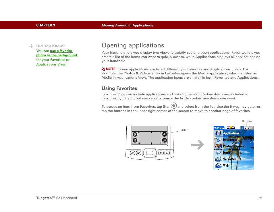 Opening applications, Using favorites, Opening applications fo | Opening applications f | Palm E2 User Manual | Page 53 / 653