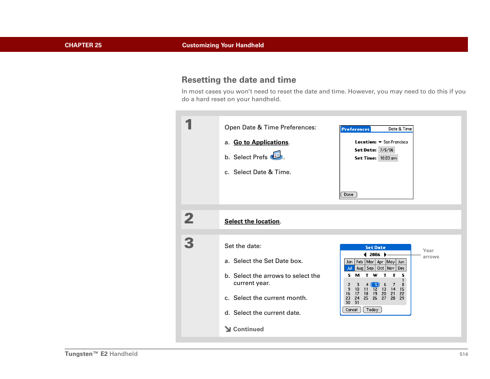 Resetting the date and time | Palm E2 User Manual | Page 535 / 653