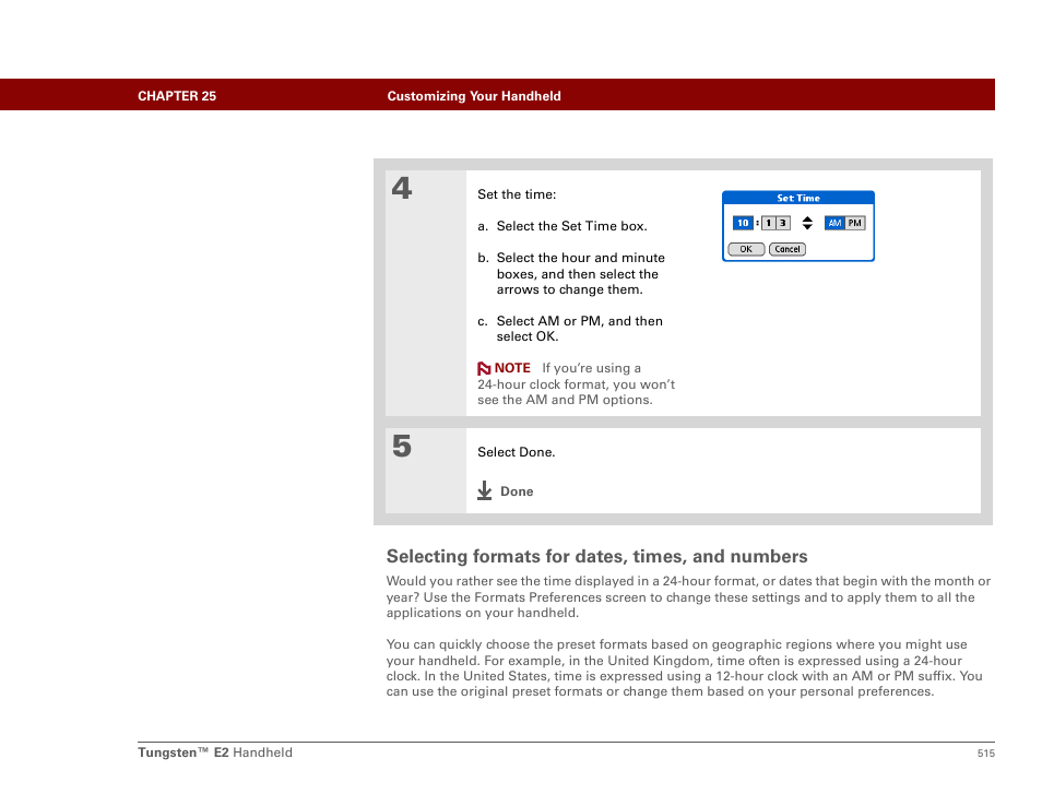 Selecting formats for dates, times, and numbers | Palm E2 User Manual | Page 536 / 653