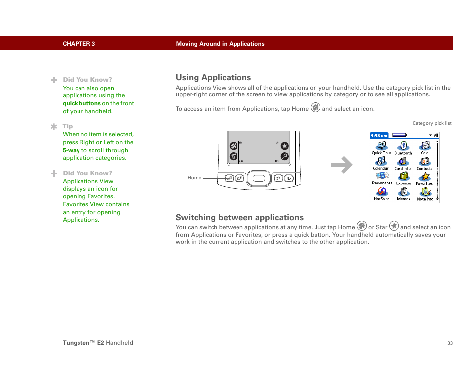 Using applications, Switching between applications, Using applications switching between applications | Palm E2 User Manual | Page 54 / 653