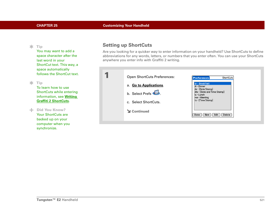 Setting up shortcuts | Palm E2 User Manual | Page 542 / 653