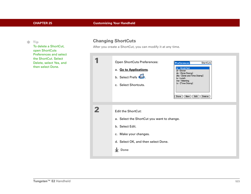 Changing shortcuts | Palm E2 User Manual | Page 544 / 653