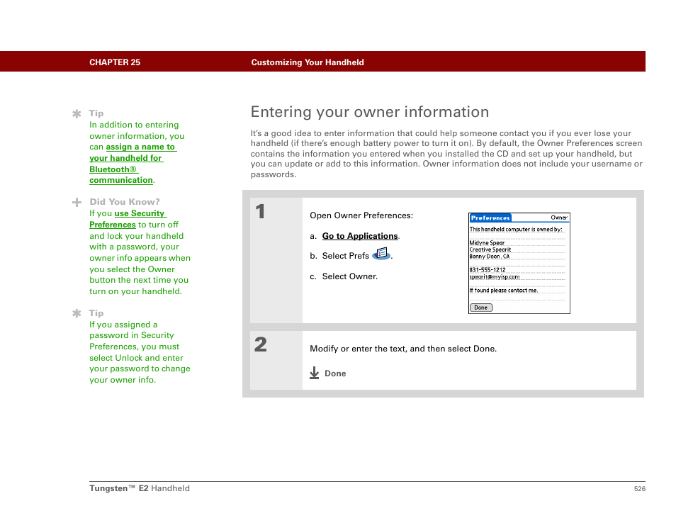 Entering your owner information | Palm E2 User Manual | Page 547 / 653