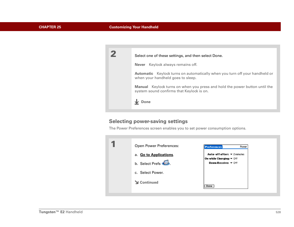 Selecting power-saving settings, Reduce the auto-off setting, Power preferences | Palm E2 User Manual | Page 549 / 653