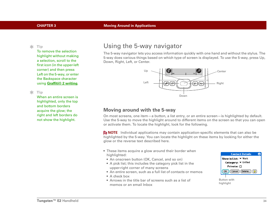 Using the 5-way navigator, Moving around with the 5-way, N also use the 5-way navigator to selec | Palm E2 User Manual | Page 55 / 653