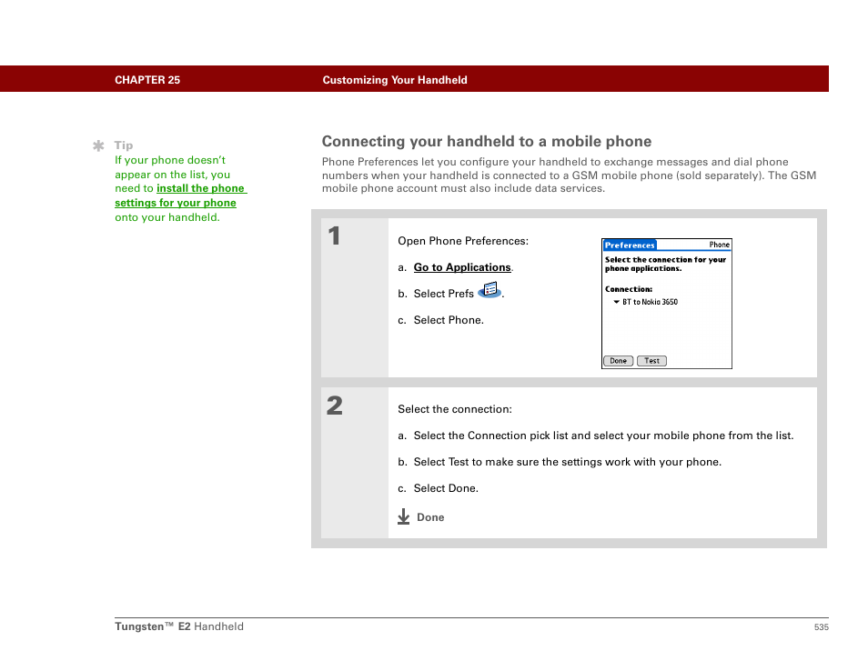Connecting your handheld to a mobile phone | Palm E2 User Manual | Page 556 / 653