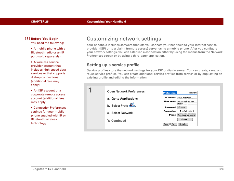 Customizing network settings, Setting up a service profile | Palm E2 User Manual | Page 557 / 653