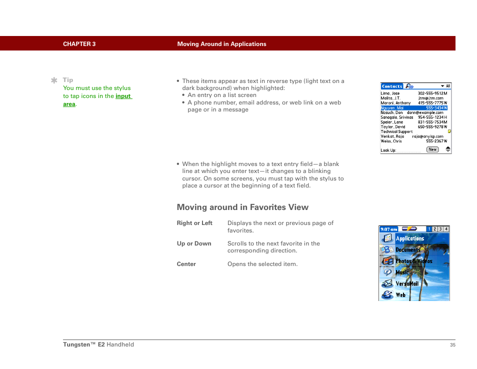 Moving around in favorites view | Palm E2 User Manual | Page 56 / 653