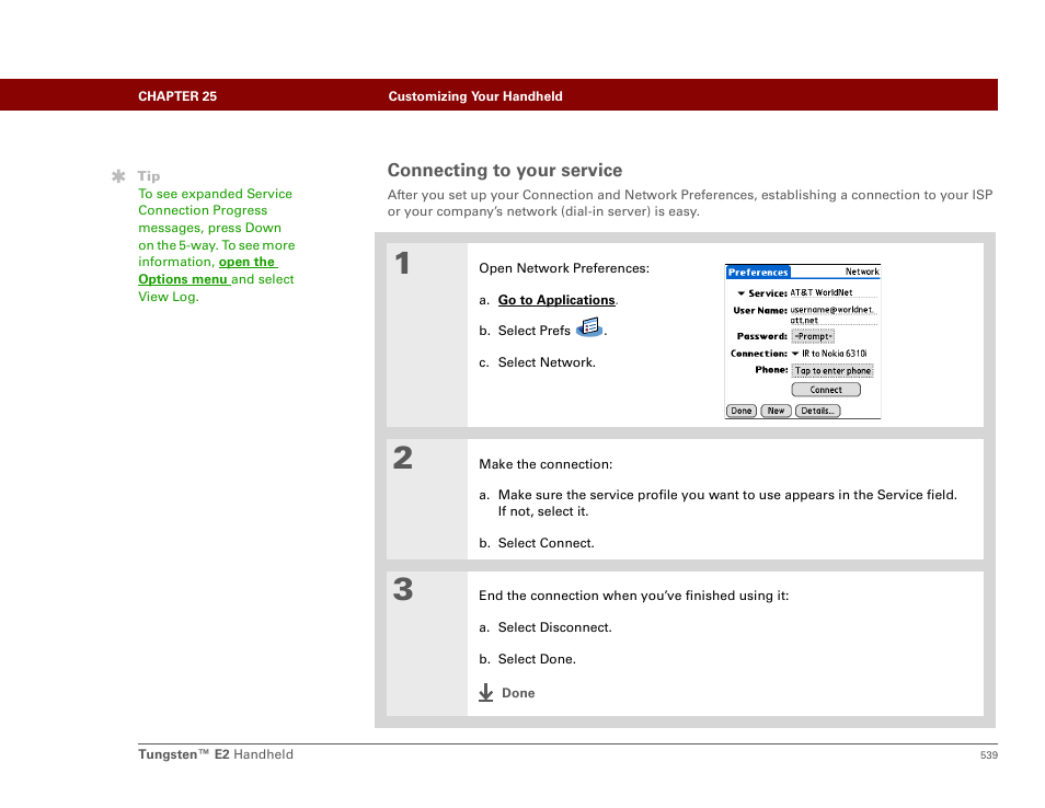 Connecting to your service | Palm E2 User Manual | Page 560 / 653