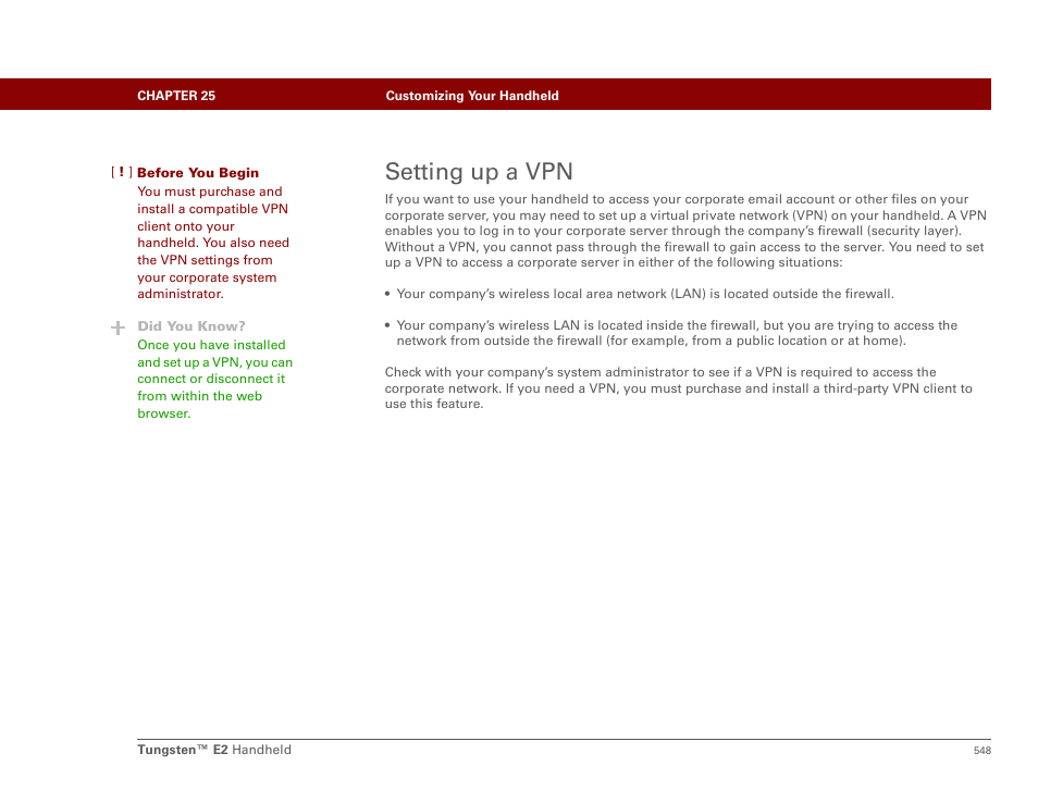 Setting up a vpn, Install vpn software and set up vpn access | Palm E2 User Manual | Page 569 / 653