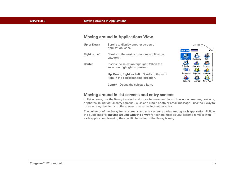 Moving around in applications view, Moving around in list screens and entry screens | Palm E2 User Manual | Page 57 / 653