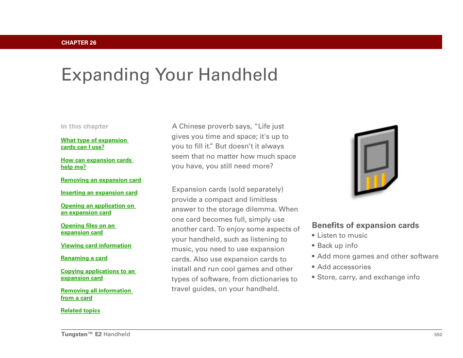 Expanding your handheld, Chapter 26: expanding your handheld, Expansion card | Expansion cards, Expansion cards a, Expansion | Palm E2 User Manual | Page 571 / 653