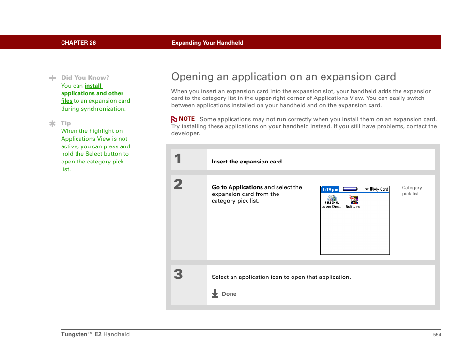 Opening an application on an expansion card | Palm E2 User Manual | Page 575 / 653