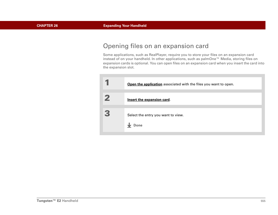 Opening files on an expansion card | Palm E2 User Manual | Page 576 / 653