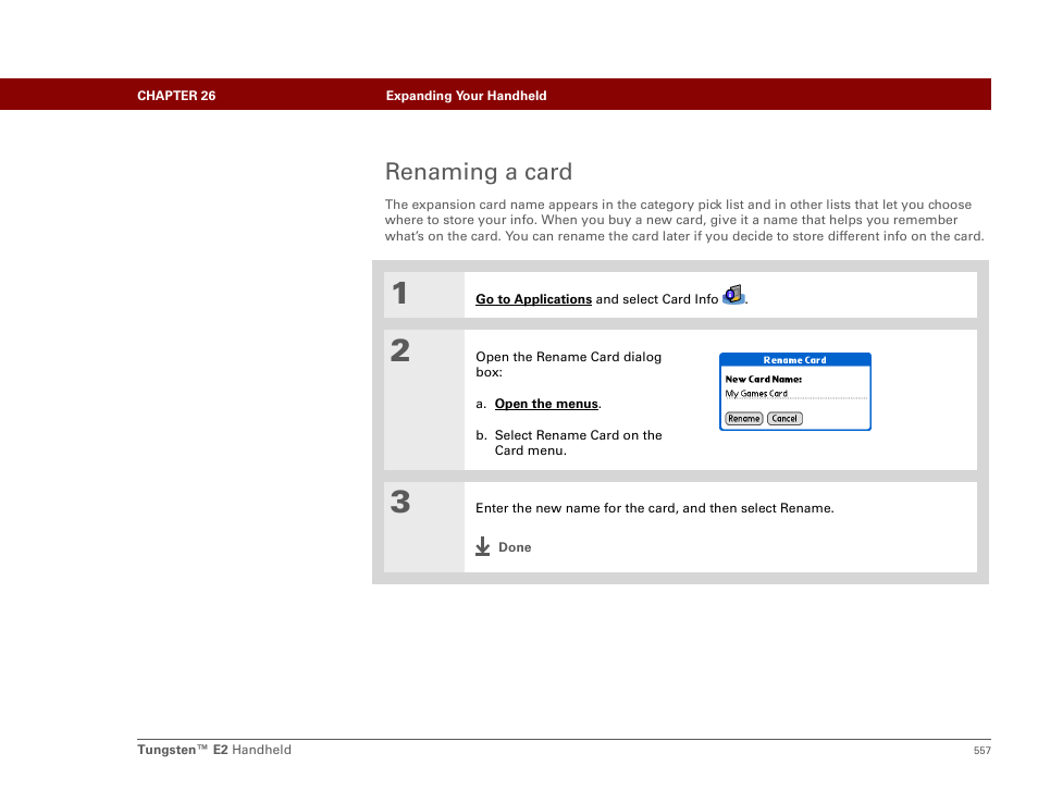 Renaming a card | Palm E2 User Manual | Page 578 / 653
