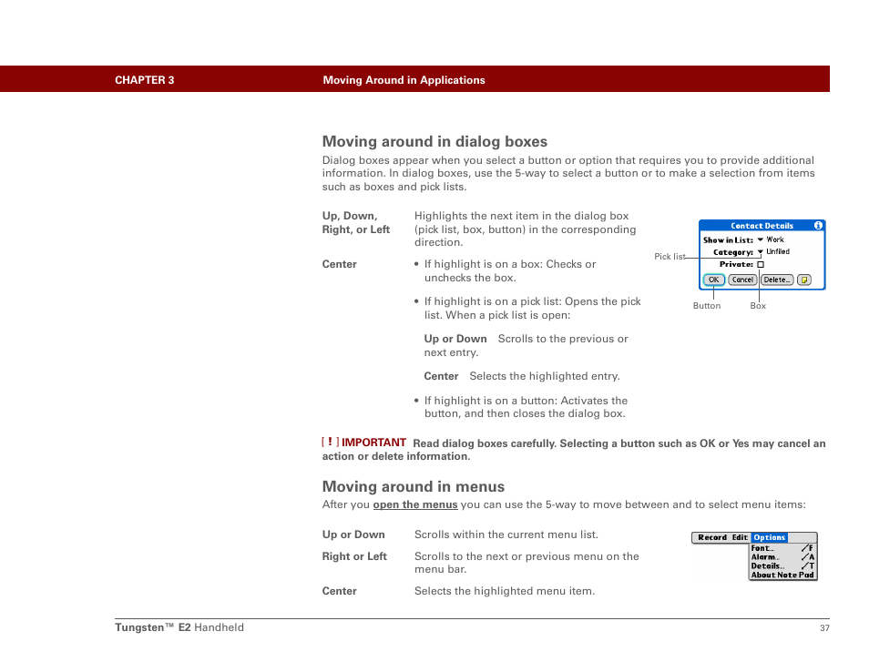 Moving around in dialog boxes, Moving around in menus | Palm E2 User Manual | Page 58 / 653