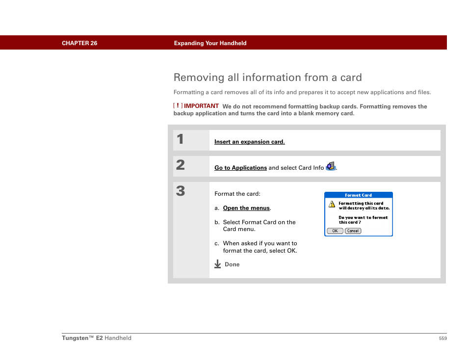 Removing all information from a card | Palm E2 User Manual | Page 580 / 653