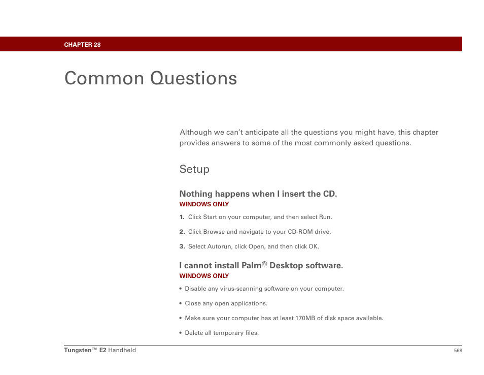 Common questions, Setup, Chapter 28: common questions | Questions | Palm E2 User Manual | Page 589 / 653