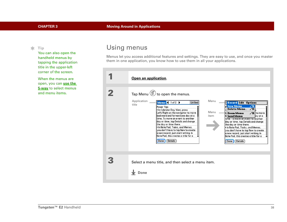 Using menus | Palm E2 User Manual | Page 59 / 653