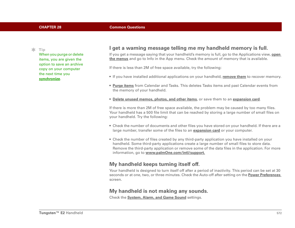 My handheld keeps turning itself off, My handheld is not making any sounds | Palm E2 User Manual | Page 593 / 653