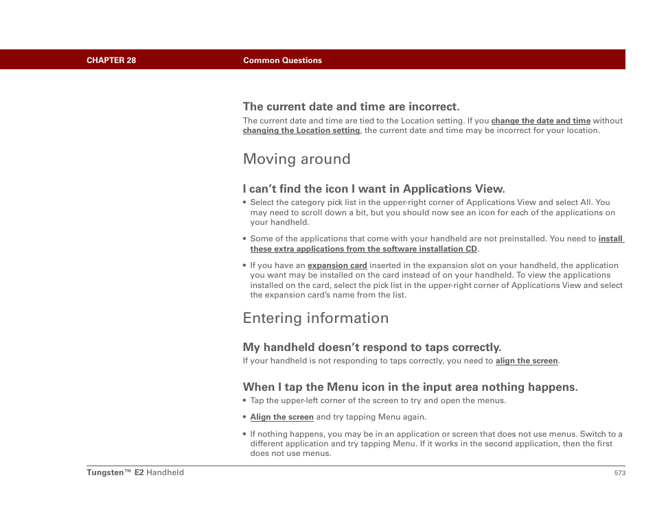 Moving around, Entering information, Moving around entering information | Palm E2 User Manual | Page 594 / 653