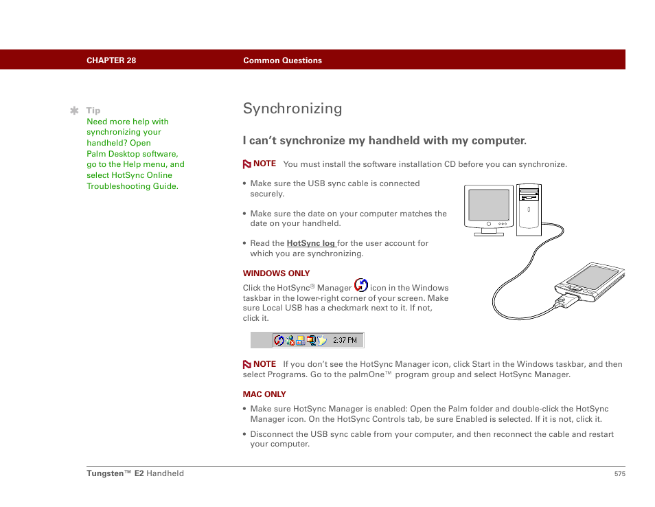 Synchronizing, E i can’t synchronize my handheld with my computer, I can’t synchronize my handheld with my computer | Palm E2 User Manual | Page 596 / 653