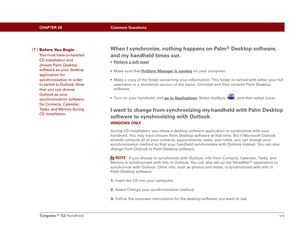 When i synchronize, nothing happens on palm, Desktop software, and my handheld times out | Palm E2 User Manual | Page 597 / 653