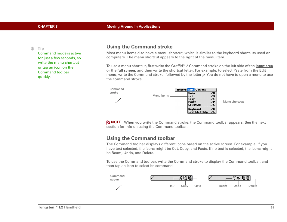 Using the command stroke, Using the command toolbar, Using the command stroke using the command toolbar | Palm E2 User Manual | Page 60 / 653
