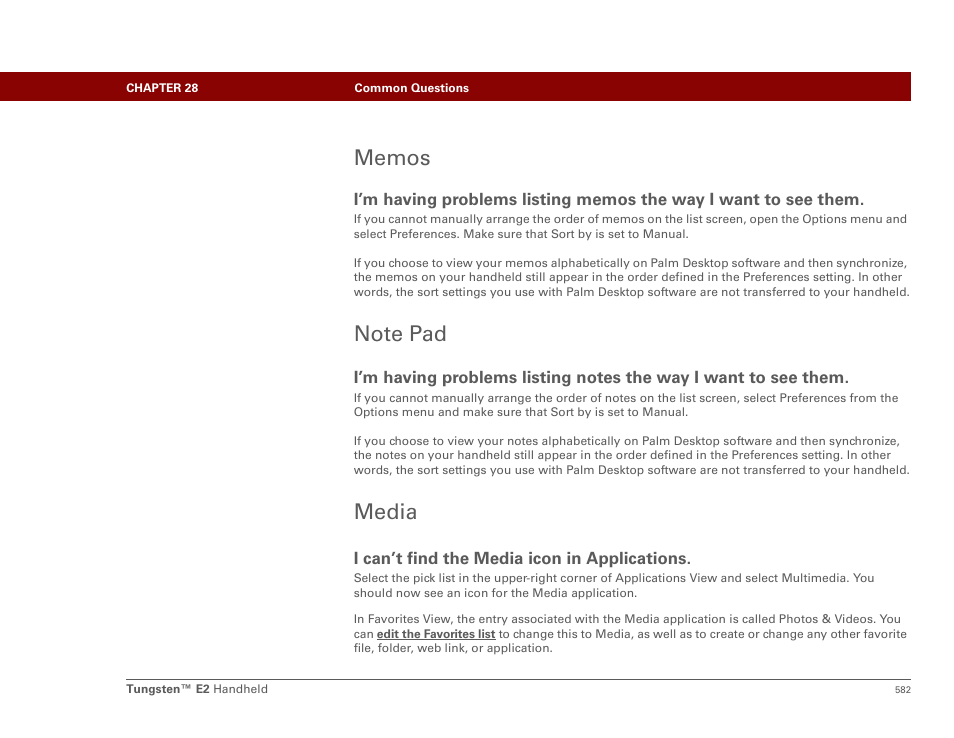 Memos, Note pad, Media | Memos note pad media | Palm E2 User Manual | Page 603 / 653