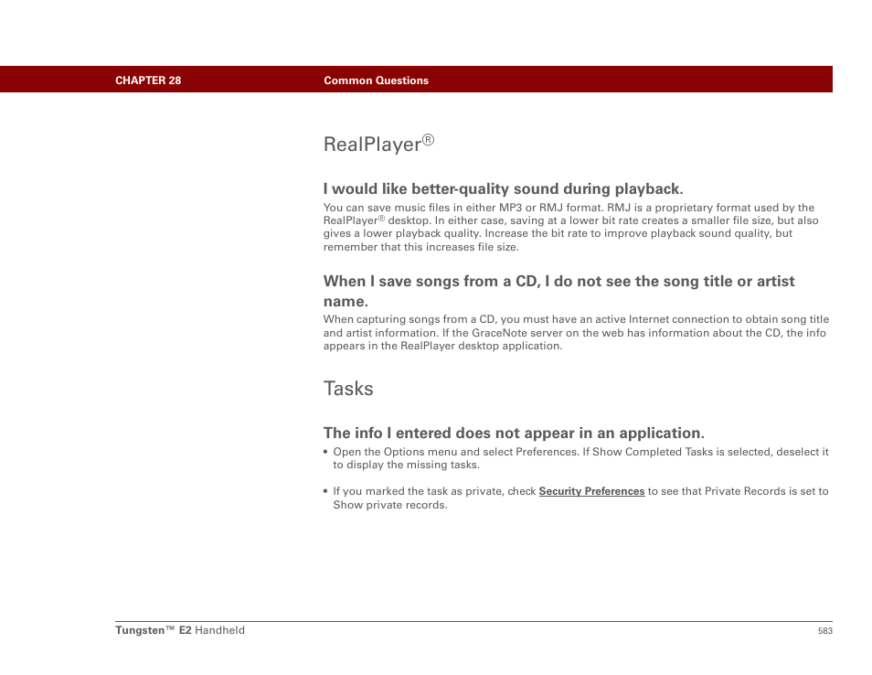 Realplayer, Tasks | Palm E2 User Manual | Page 604 / 653