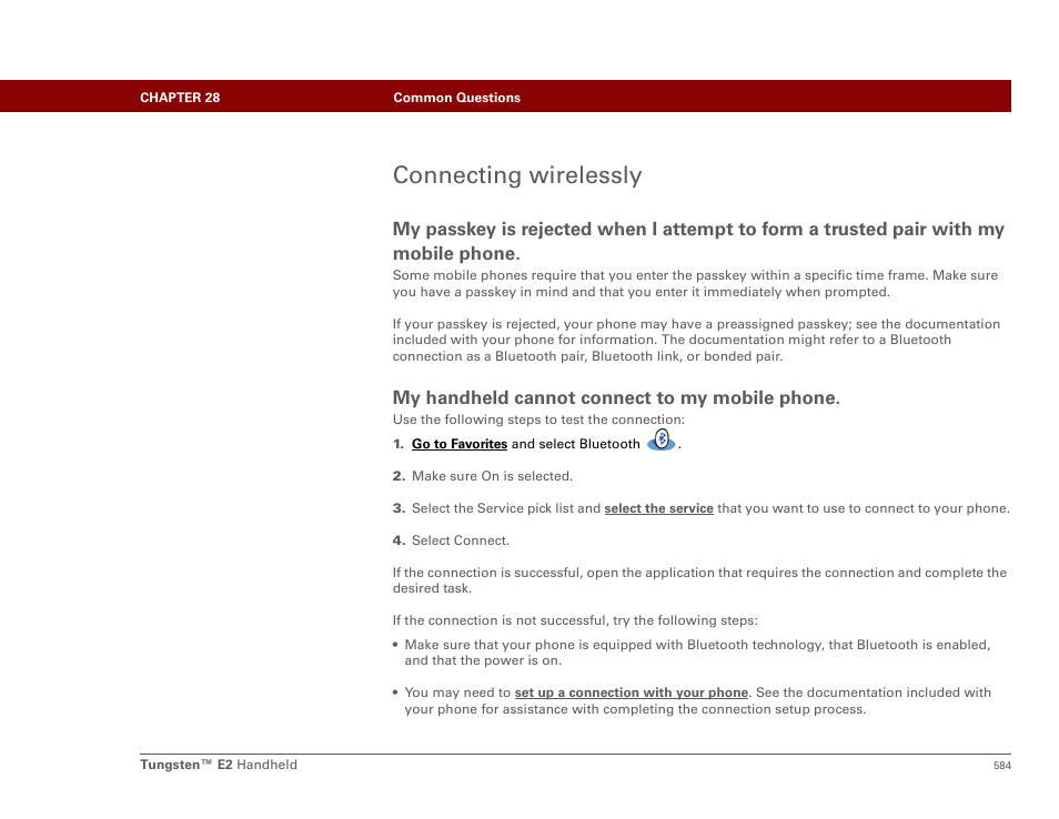 Connecting wirelessly, My handheld cannot connect to my mobile phone | Palm E2 User Manual | Page 605 / 653