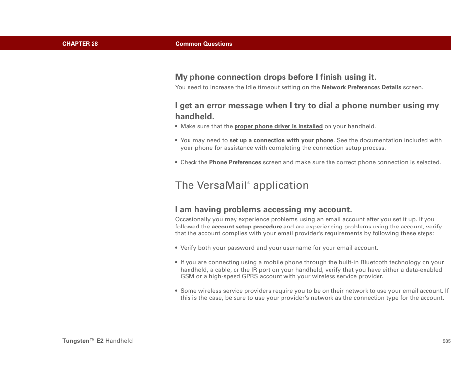 The versamail® application, The versamail, Application | My phone connection drops before i finish using it, I am having problems accessing my account | Palm E2 User Manual | Page 606 / 653