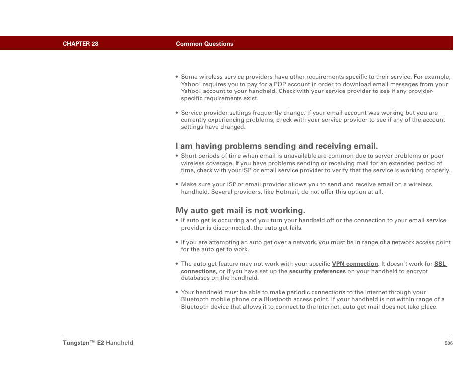 I am having problems sending and receiving email, My auto get mail is not working | Palm E2 User Manual | Page 607 / 653