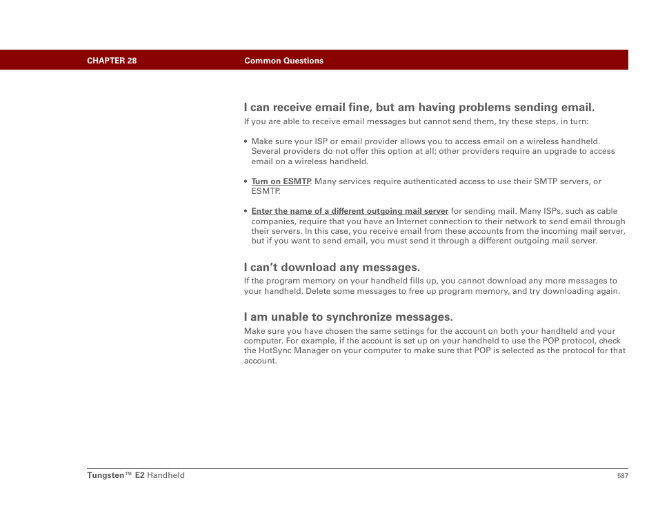 I can’t download any messages, I am unable to synchronize messages | Palm E2 User Manual | Page 608 / 653